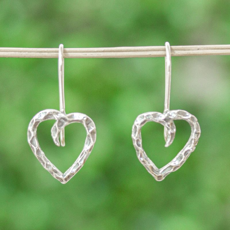 925 Sterling Silver Hammered Heart Drop Earrings from Mexico, "Love of My Soul"