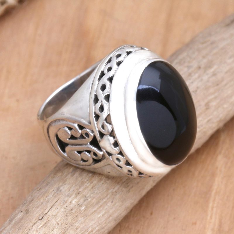 Unisex Onyx and Sterling Silver Cocktail Ring, "Into the Depths"