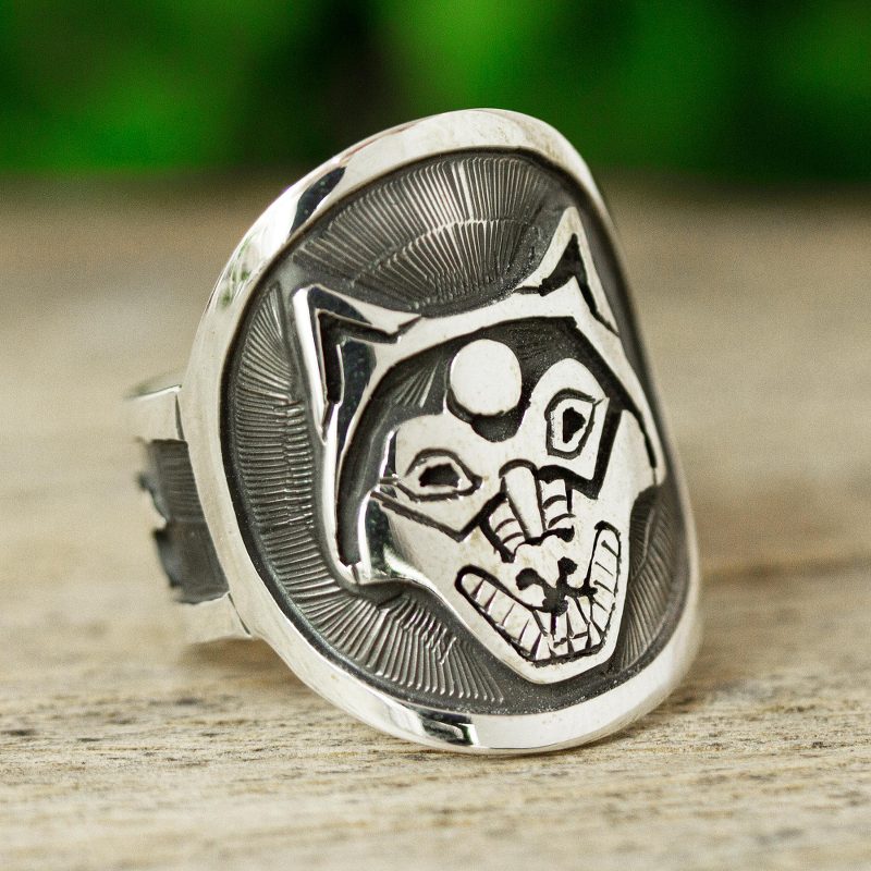 Wolf Motif Men's Ring, "Moon Wolf"