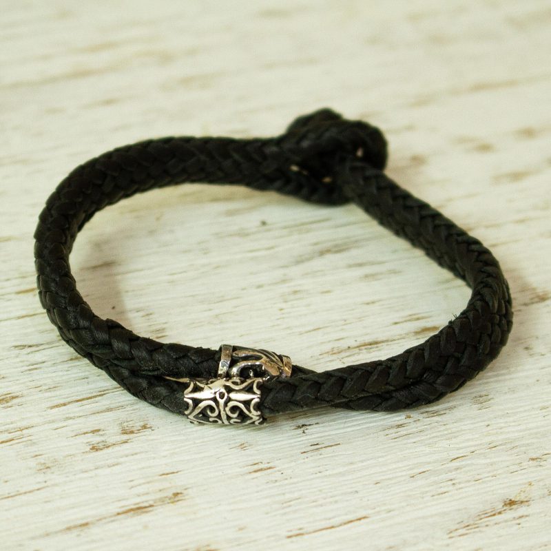 Silver & Braided Black Leather Men's Bracelet from Taxco, "Cultures"