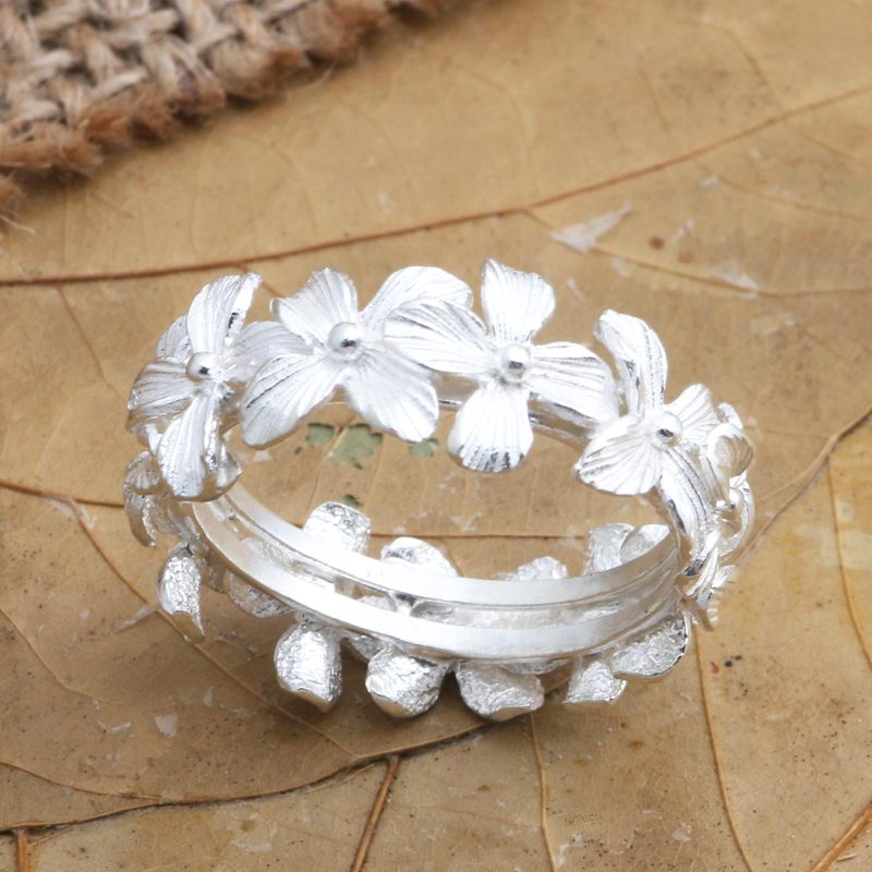Sterling Silver Floral-Motif Band Ring, "Silver Snow Garden"