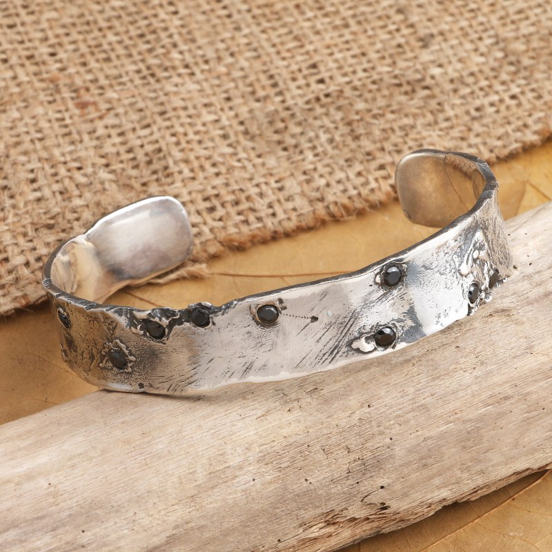 Men's Sterling Silver and Black Crystal Cuff Bracelet, "Hang With Me"