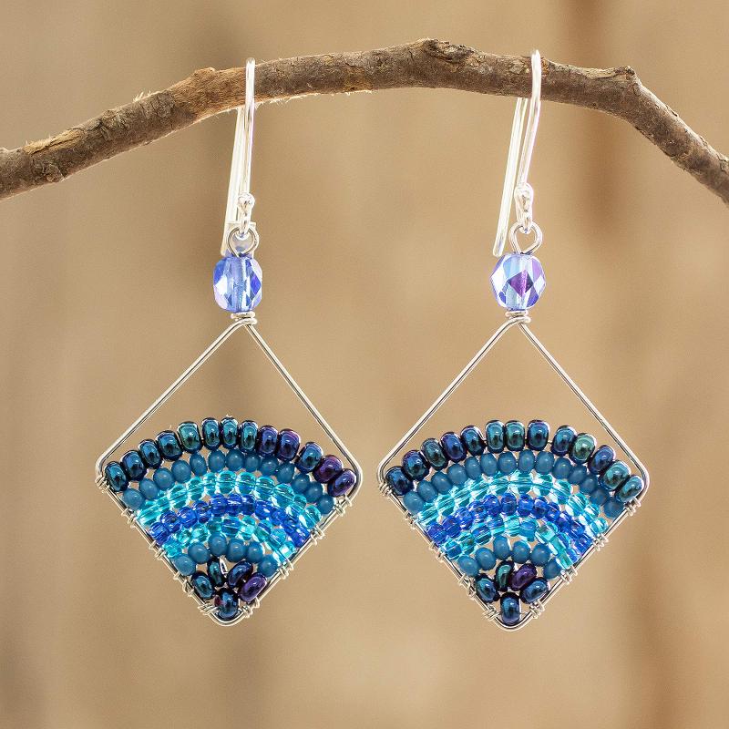 Square Blue Beaded Dangle Earrings With Silver Hooks, "Blue Beaded Rainbow"