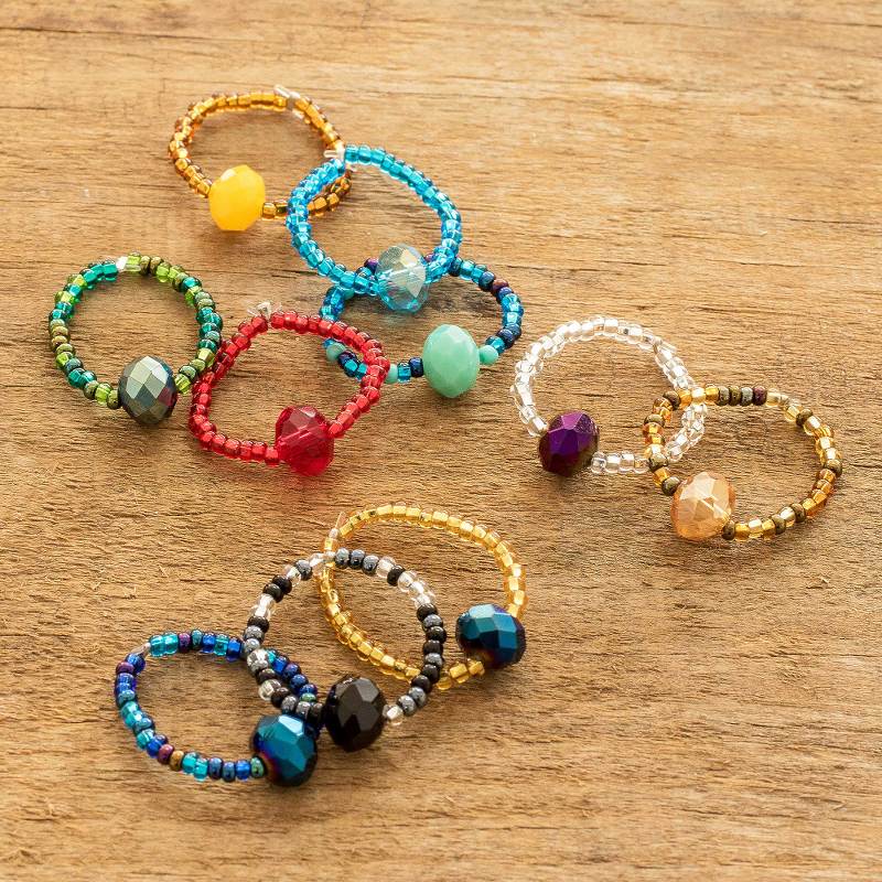 Multicolored Glass and Crystal Beaded Rings (Set of 10), "Sparkly Friendship"