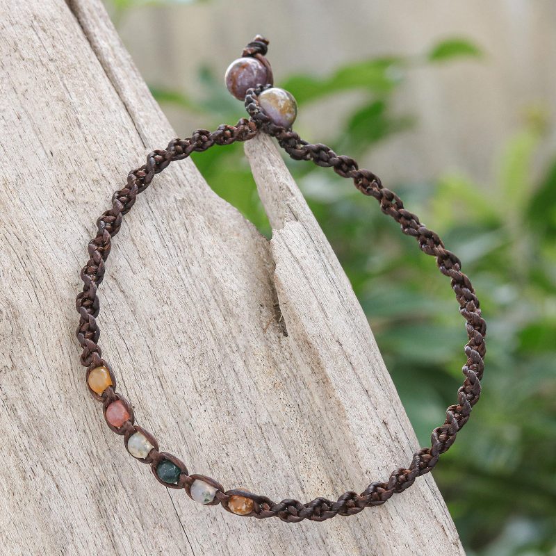 Multicolored Agate Beaded Macrame Anklet from Thailand, "Thai Beach Chic"