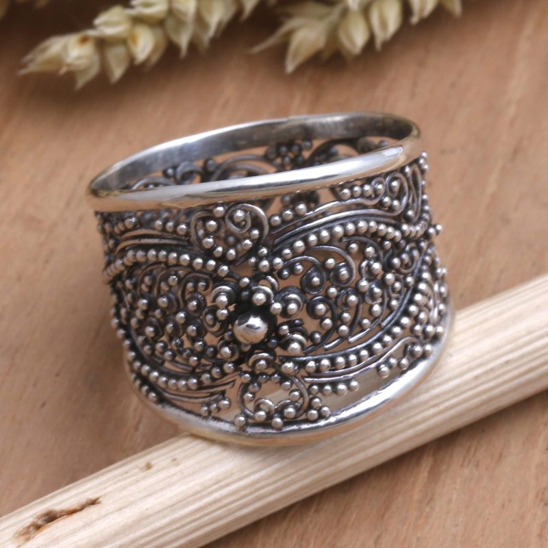 Openwork Sterling Silver Band Ring from Bali, "Elegant Affection"