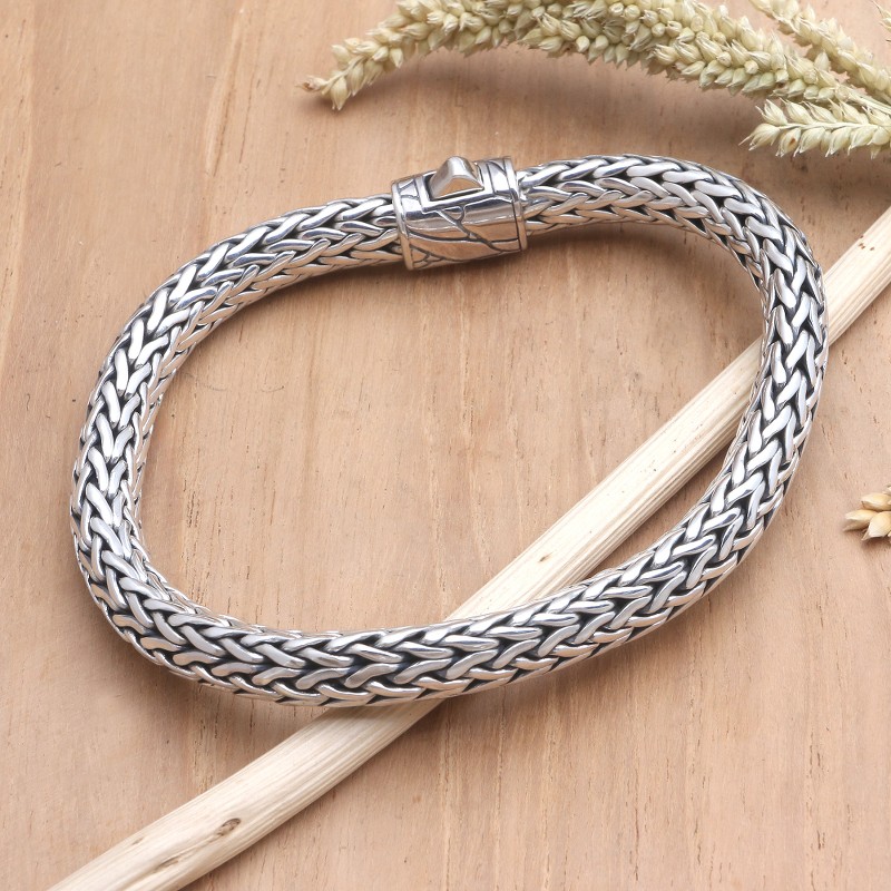 Men's Balinese-Inspired Sterling Silver Naga Chain Bracelet, "Take My Breath Away"