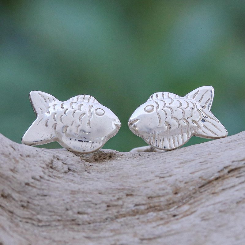 Thai Sterling Silver Stud Earrings with Fish Motif, "Bubble Blower"