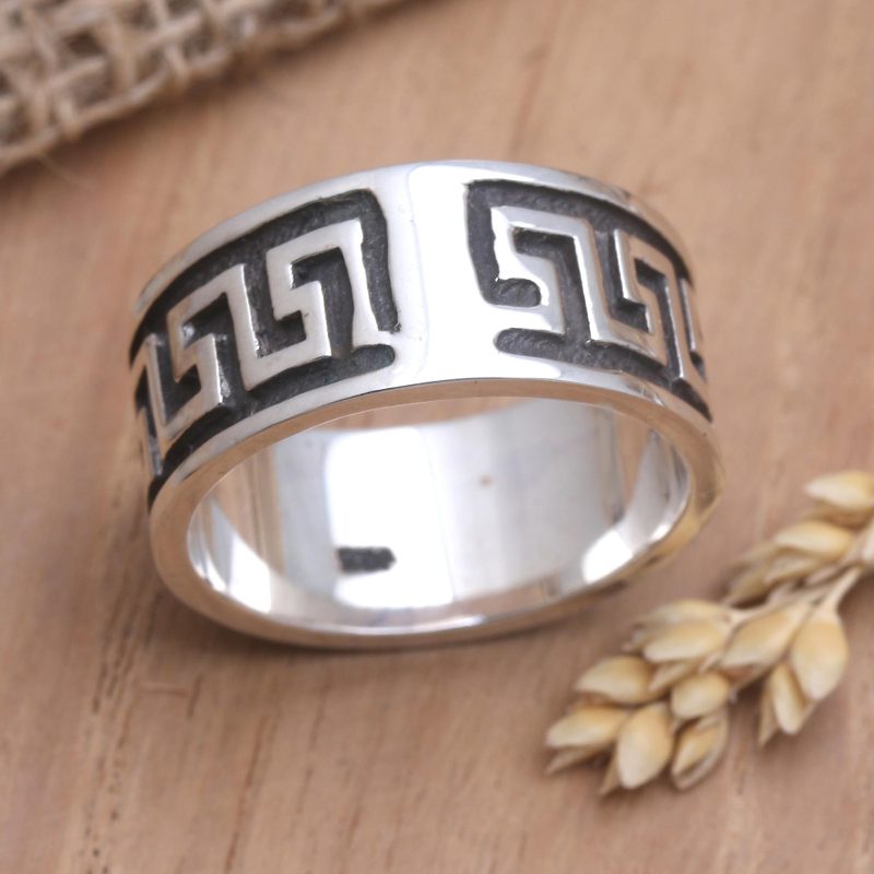 Wide Sterling Silver Men's Ring with Fretwork Design, "Ancient Fretwork"