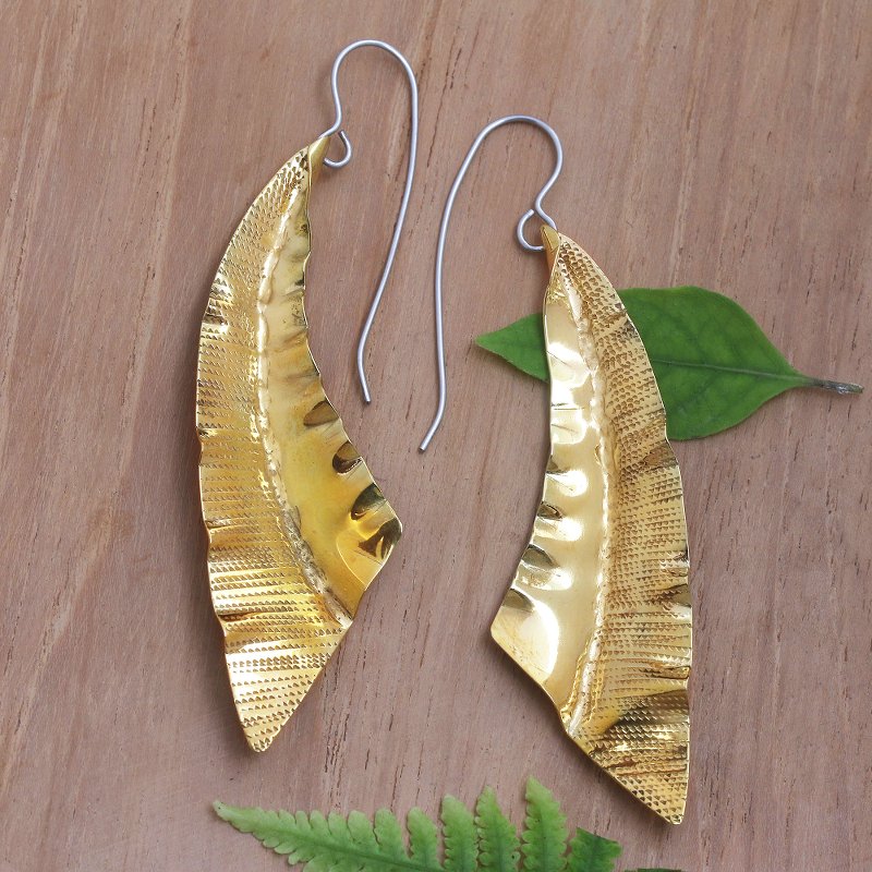 Balinese Brass Dangle Earrings with Leaf Motif, "Soul Sister"