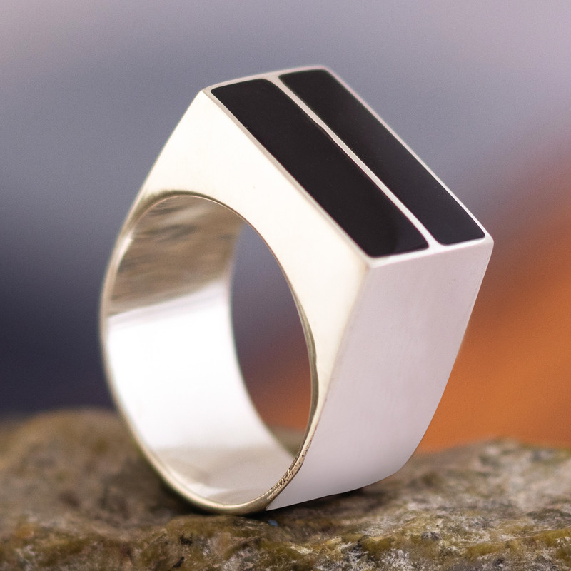 Wide Sterling Ring with Obsidian, "Symmetry"