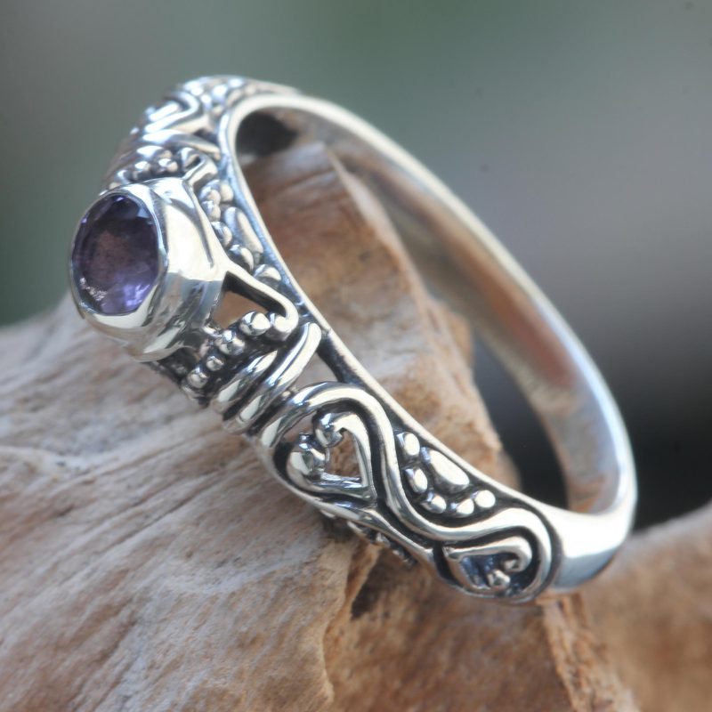 Amethyst Bali Artisan Crafted Silver Solitaire Ring, "Hearts Connected"