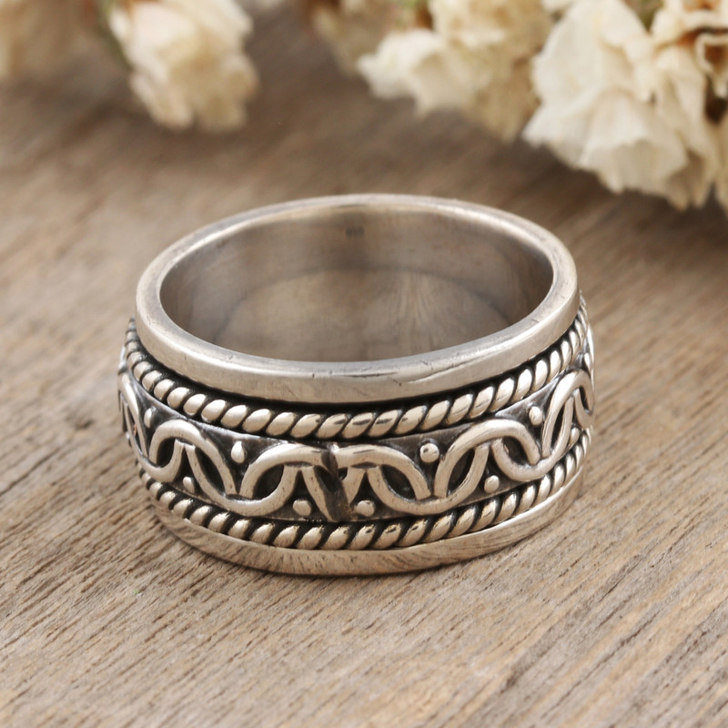 925 Sterling Silver Meditation Spinner Ring Crafted in India, "Full Happiness"