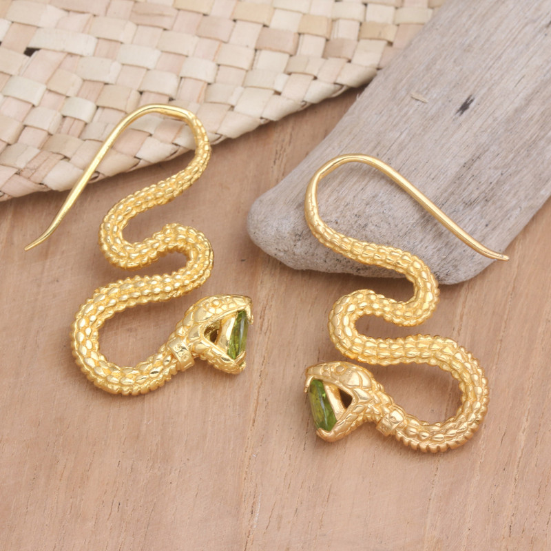 18k Gold-Plated Snake Drop Earrings with Peridot Stones, "Green Striking Snake"