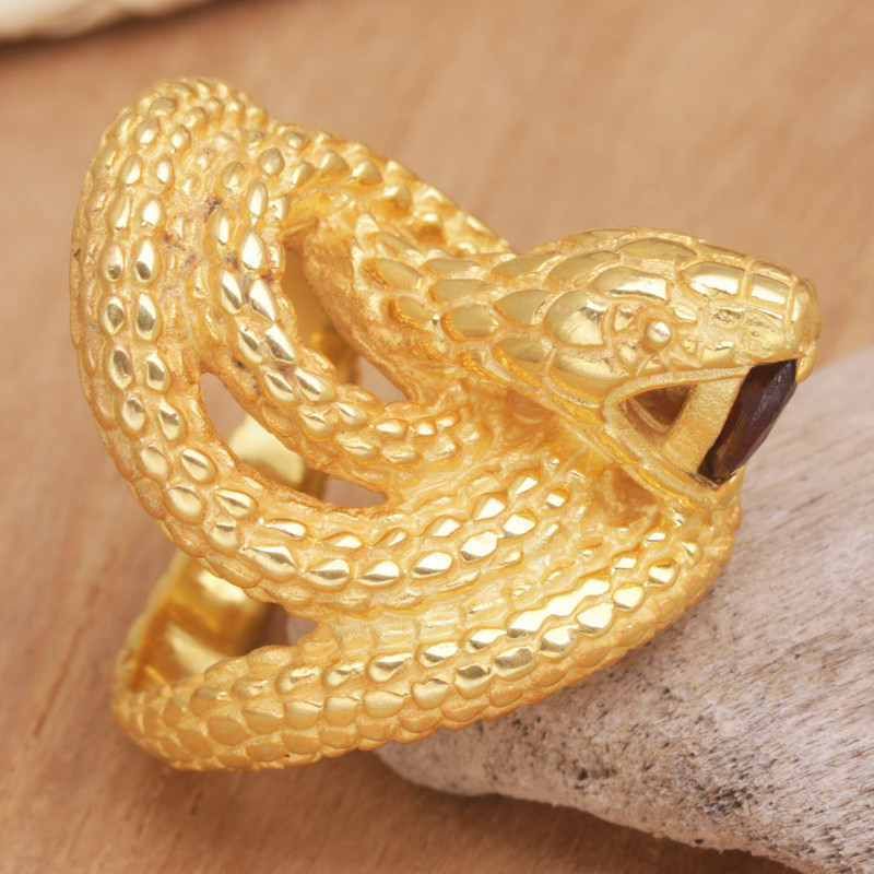 18k Gold-Plated Snake Cocktail Ring with Garnet Stone, "Golden Cobra Queen"
