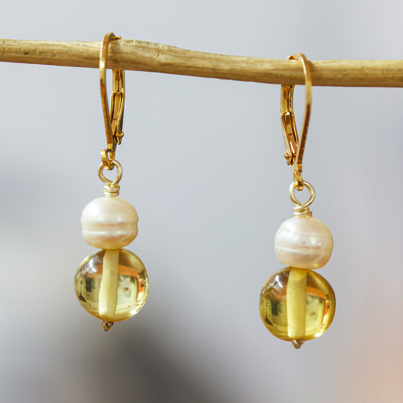 14k Gold-Plated Dangle Earrings with Amber Beads and Pearls, "Warm Pearly Orbs"