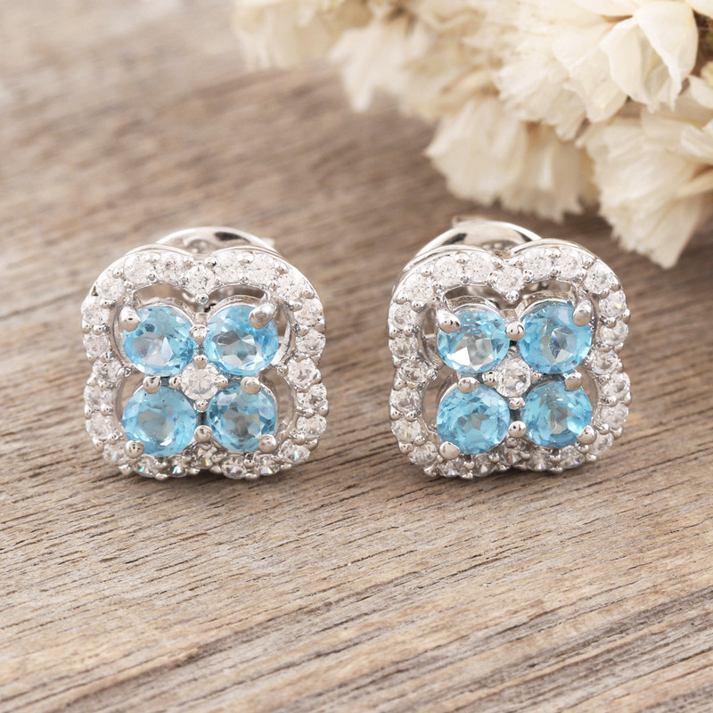 Blue Topaz and Cubic Zirconia Button Earrings from India, "Glowing Sparkles"