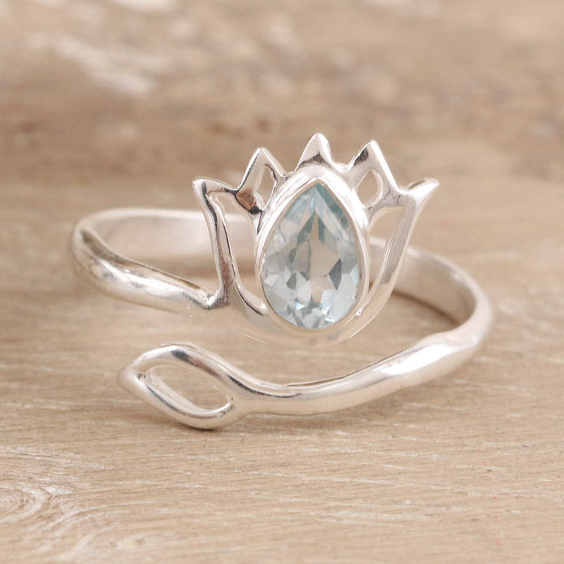 Wrap Ring Made with Blue Topaz and Sterling Silver in India, "Iridescent Lotus"