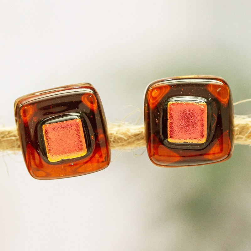 Terracotta Fused Glass Mosaic Stud Earrings from Mexico, "Terracotta Dichroic"