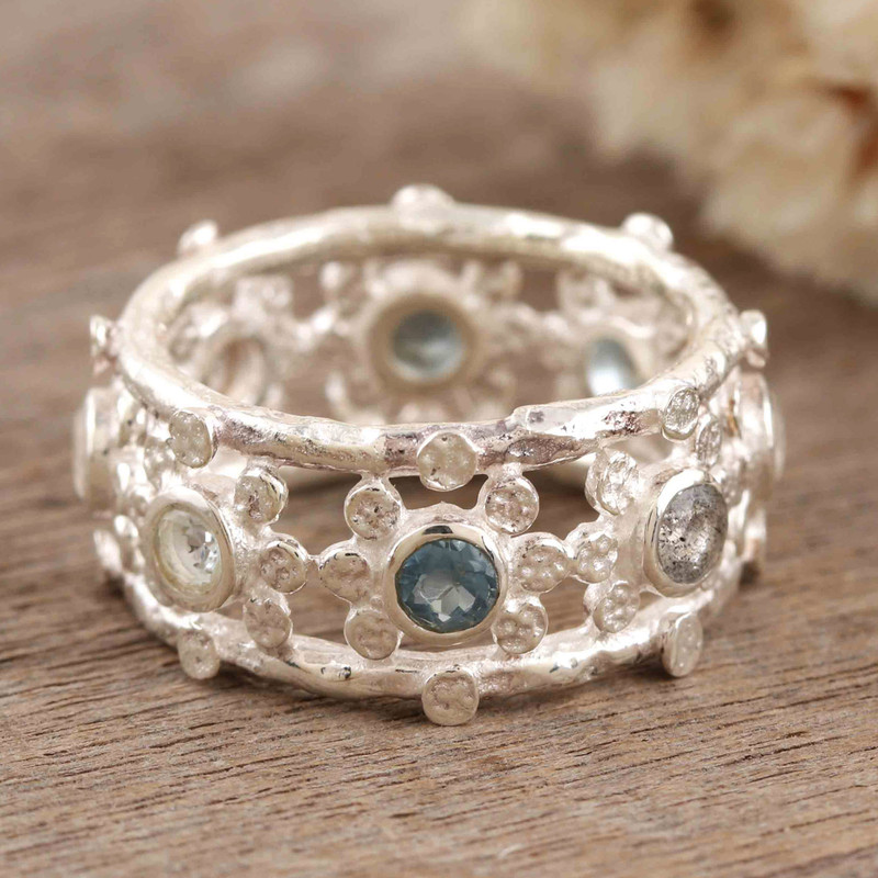 Multi-gemstone Sterling Silver Cocktail Ring from India, "Glorious Allure"