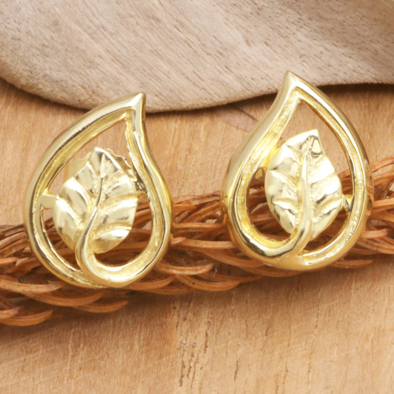 18k Gold-Plated Button Earrings with Leafy Motifs, "Forest Spark"