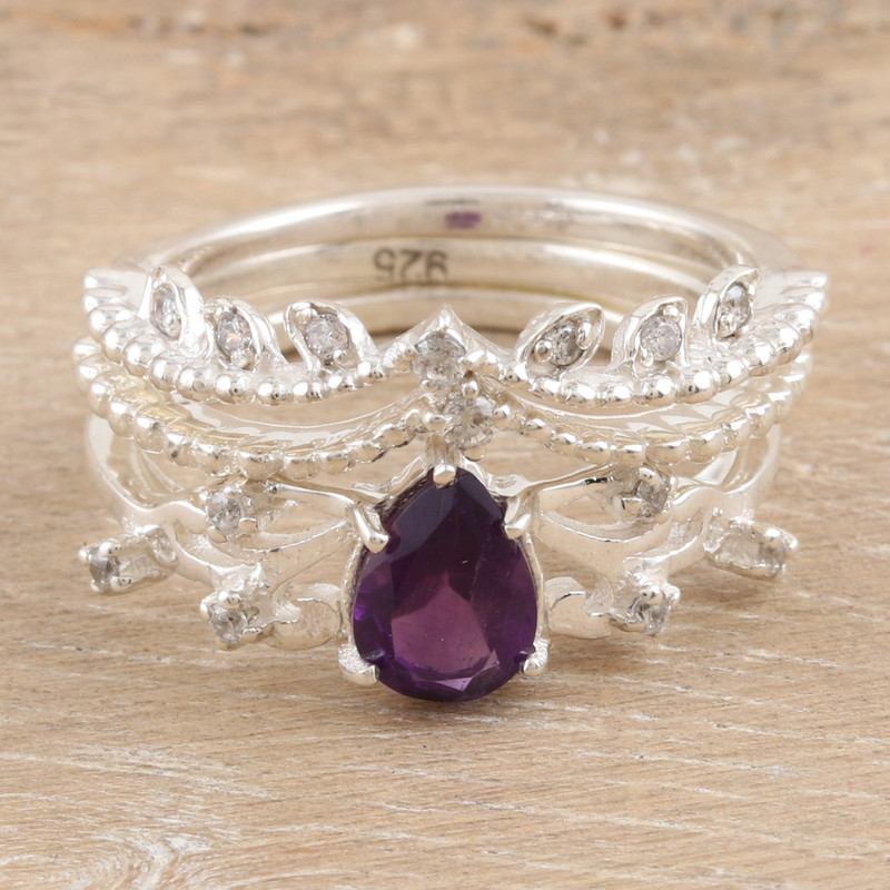 Stacking Rings with Cubic Zirconia and Amethyst (Set of 3), "Wisdom Crown"