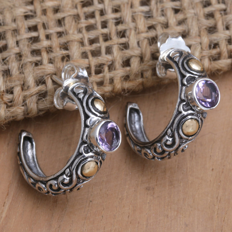 18k Gold-Accented Half-Hoop Earrings with Amethyst Stones, "Wise Affection"