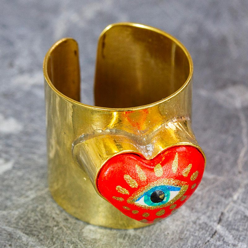 14k Gold-Plated Wrap Ring with Red Papier Mache Heart, "Passionate Glance"