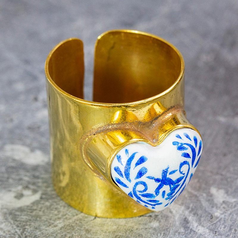14k Gold-Plated Wrap Ring with Blue Papier Mache Heart, "Blue Affection"