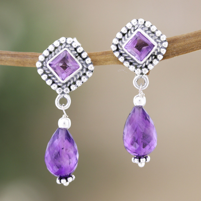 1-Carat Amethyst Dangle Earrings Made From Sterling Silver, "Royal Wisdom"