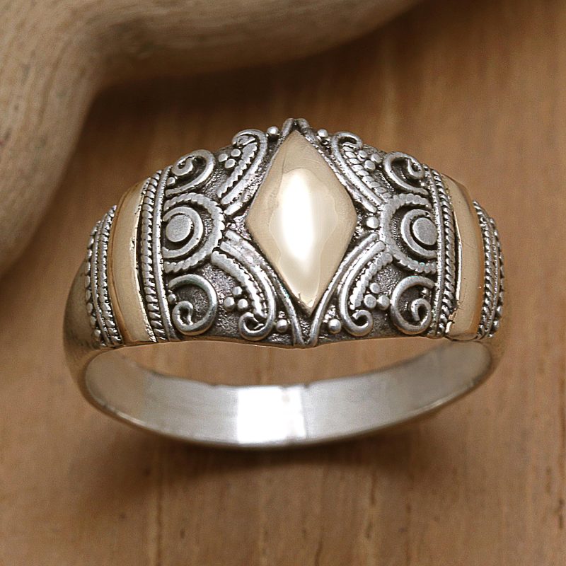 18k Gold-Accented Domed Ring with Geometric Motifs, "Imperial Rhombus"