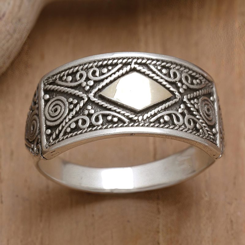 18k Gold-Accented Sterling Silver Geometric Domed Ring, "Royal Rhombus"