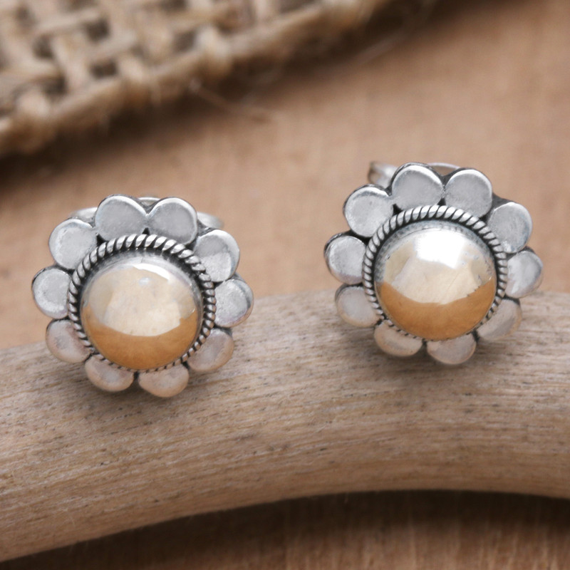 18k Gold-Accented Sterling Silver Floral Stud Earrings, "Divine Flora"