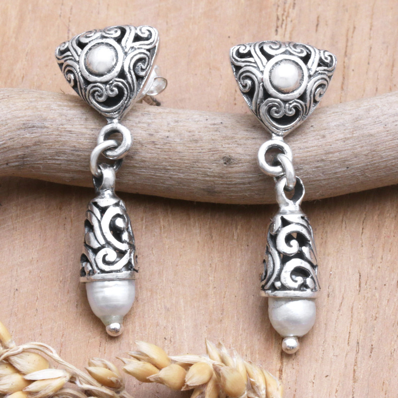 Geometric Dangle Earrings with Traditional Motifs and Pearls, "Traditional Triangles"