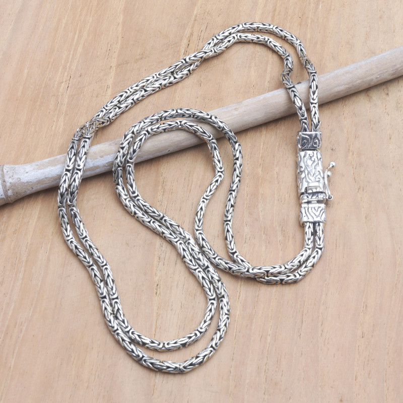 Men’s Sterling Silver Double Strand Chain Necklace from Bali, "Layer of Energy"