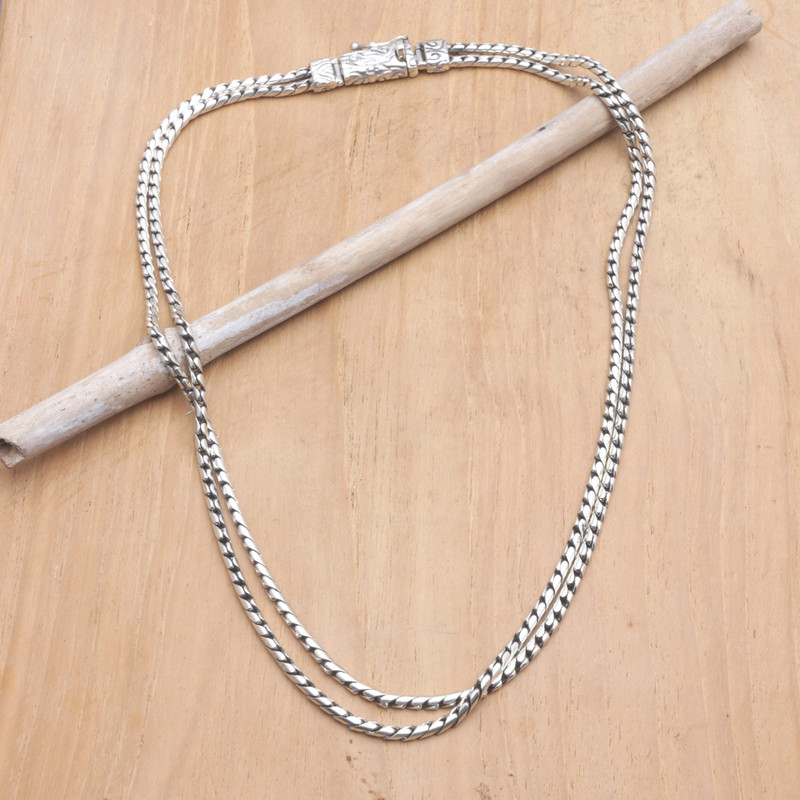Balinese Men’s Sterling Silver Double Strand Chain Necklace, "Layer of Protection"