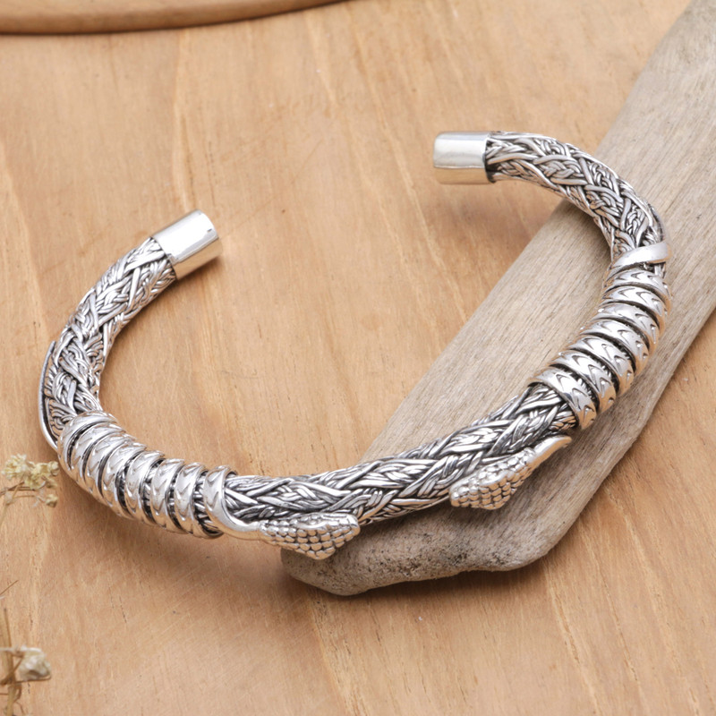 Bali Men's Sterling Silver Cuff Bracelet with Snake Motif, "Woven Snake"