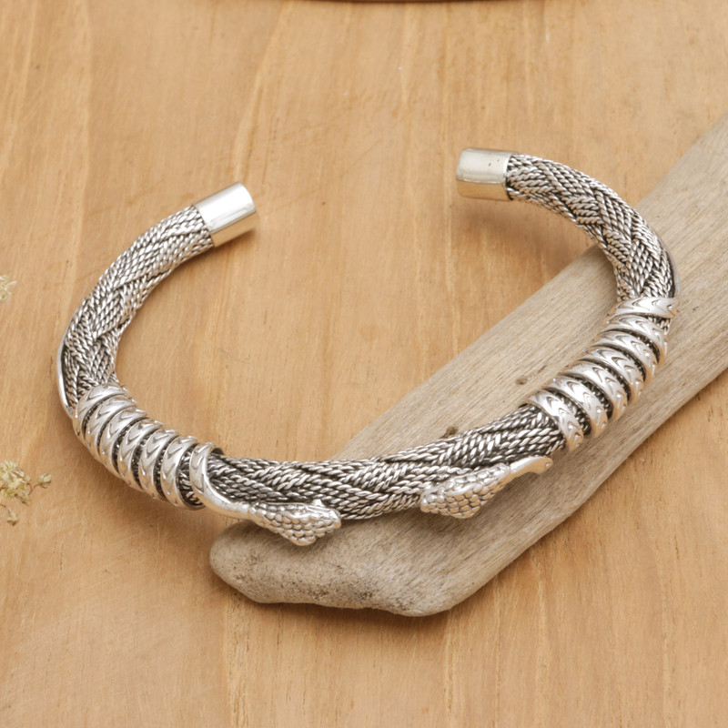 Men's Sterling Silver Bohemian Snake Cuff Bracelet from Bali, "Woven Cobra"