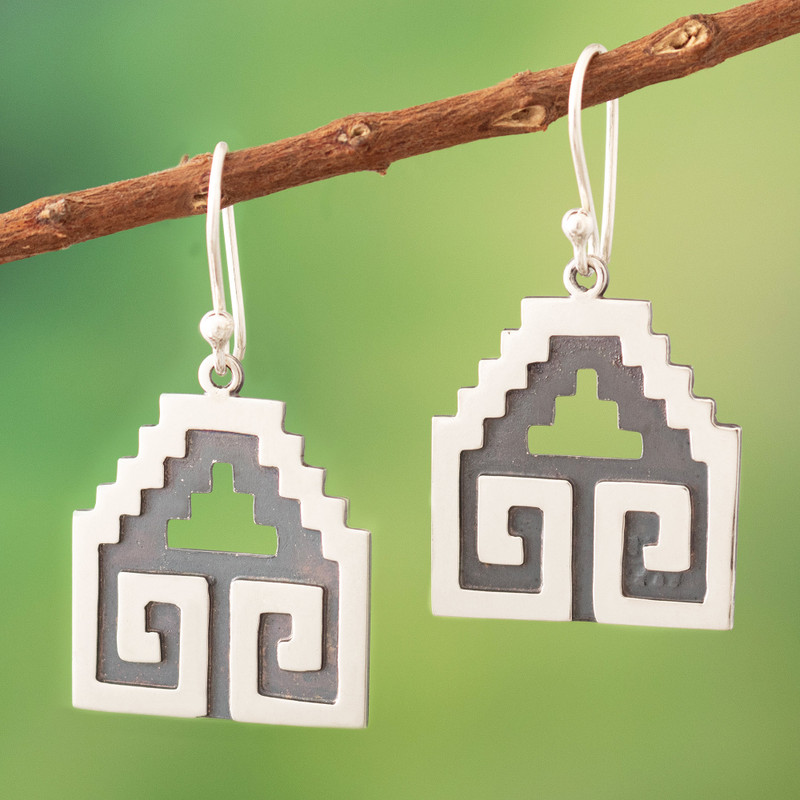 Traditional Moche Sterling Silver Dangle Earrings from Peru, "Moche Geometry"