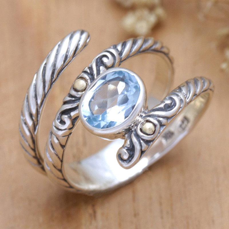 18k Gold-Accented Blue Topaz Cocktail Ring Crafted in Bali, "Radiant Glam"