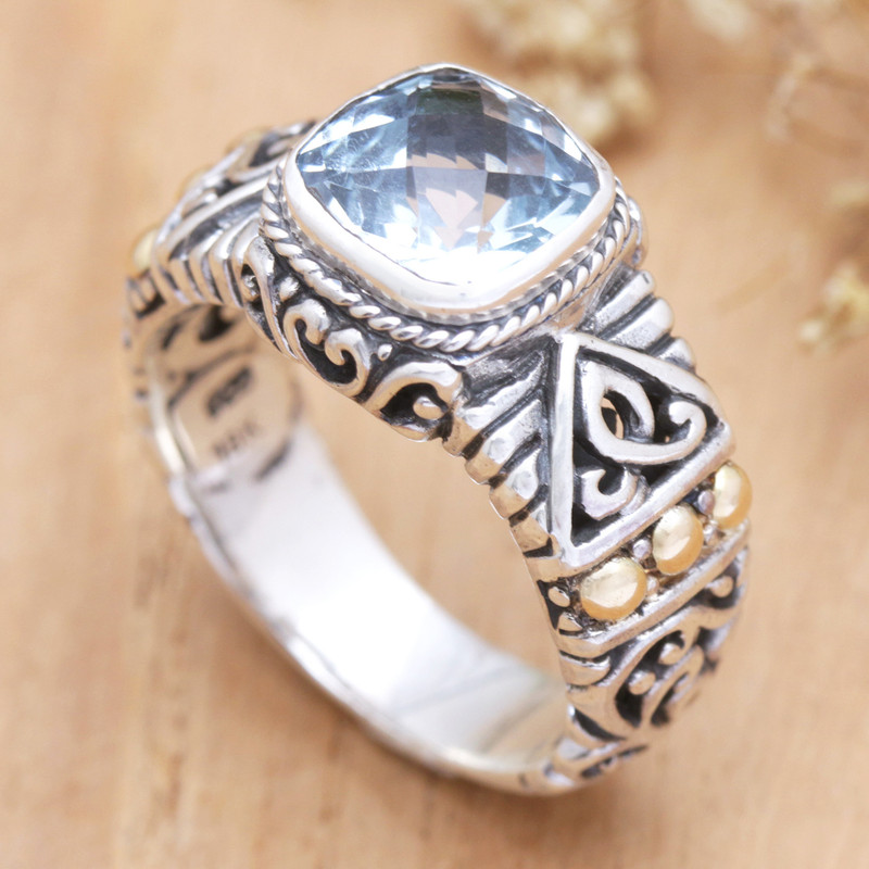 18k Gold-Accented Cocktail Ring with Blue Topaz Stone, "Sparkle Jungle"