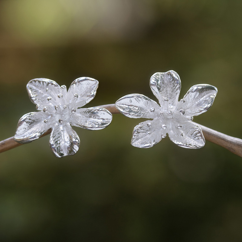 Sterling Silver Floral Button Earrings Crafted in Bali, "Snowy Garden"