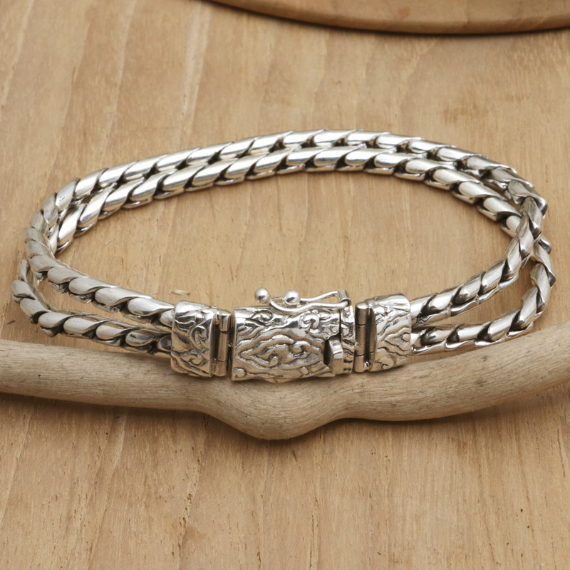 Men's Sterling Silver Bracelet with Serpentine Chains, "Virtuous Leader"