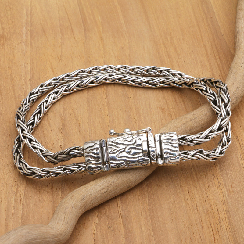 Men's Sterling Silver Bracelet with Basketweave Chains, "Protective Leader"