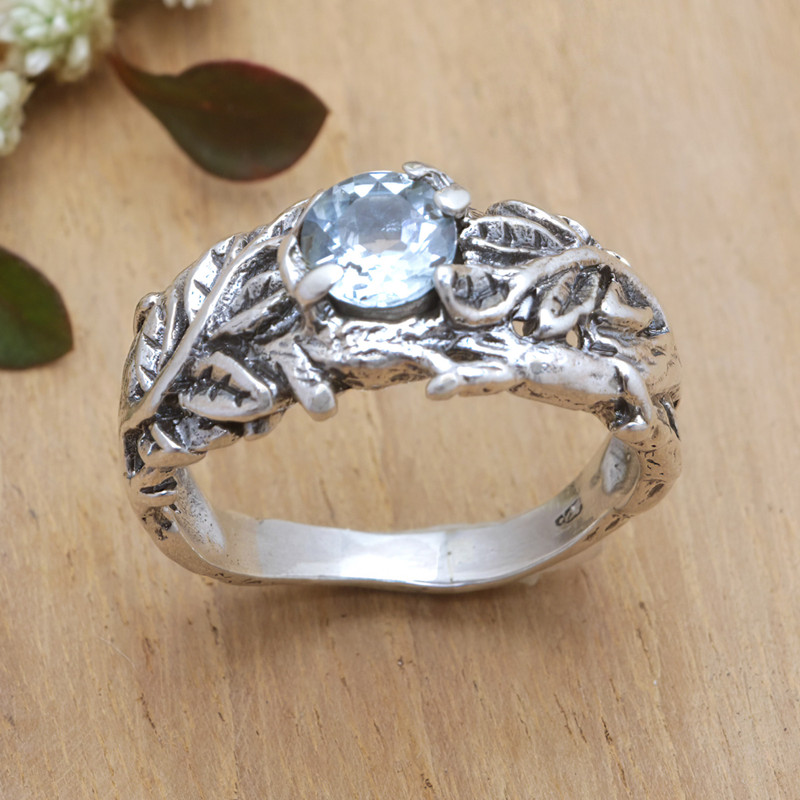 One-Carat Topaz Single Stone Ring with Leafy Motifs, "Tropical Love"