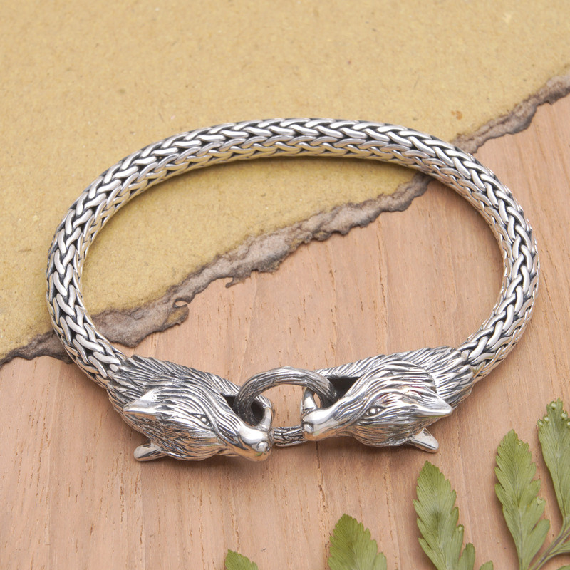 Men's Sterling Silver Chain Bracelet with Wolf Pendants, "Wolf Brotherhood"