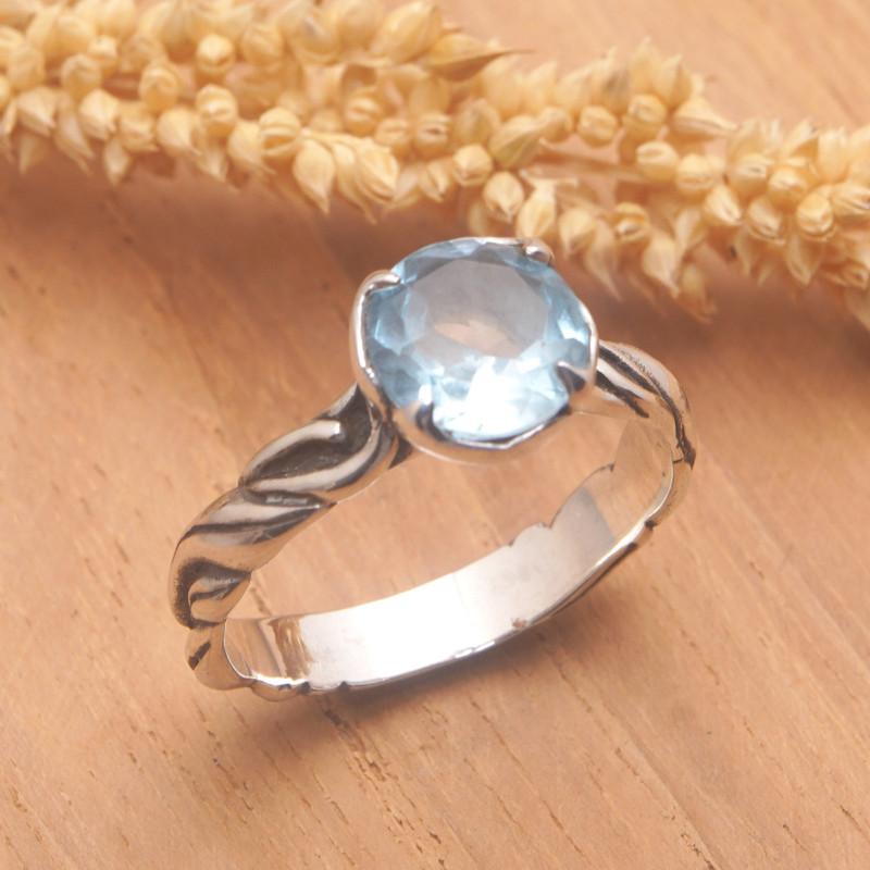 Ocean-Themed Sterling Silver Ring with Faceted Blue Topaz, "Marine Gem"