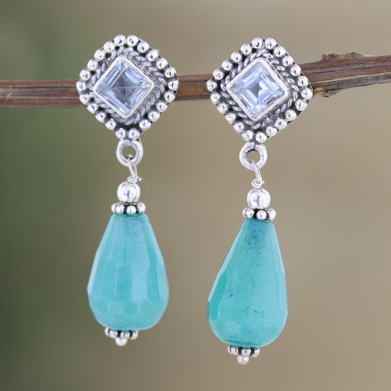 1-Carat Blue Topaz and Agate Dangle Earrings from India, "Royal Loyalty"