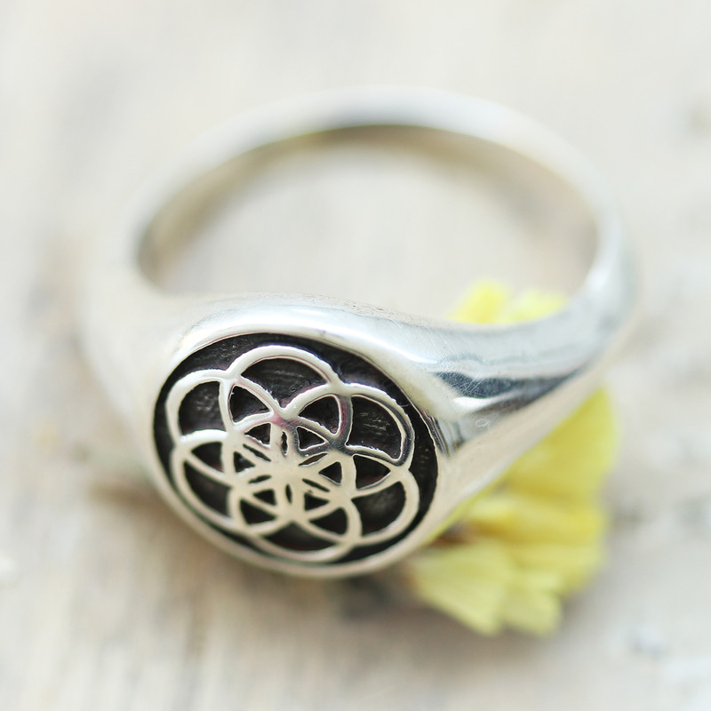 Modern Sterling Silver Signet Ring in a Combination Finish, "Universal Blossom"
