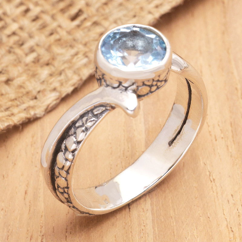 One-Carat Faceted Blue Topaz Single Stone Ring from Bali, "Loyal Embrace"